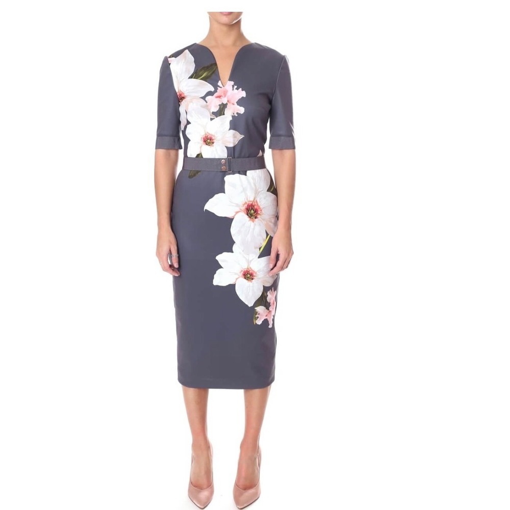 Ted Baker London Grey‎ Floral V-Neck Belted Midi Sheath Dress Rose Gold Zip Sz 4